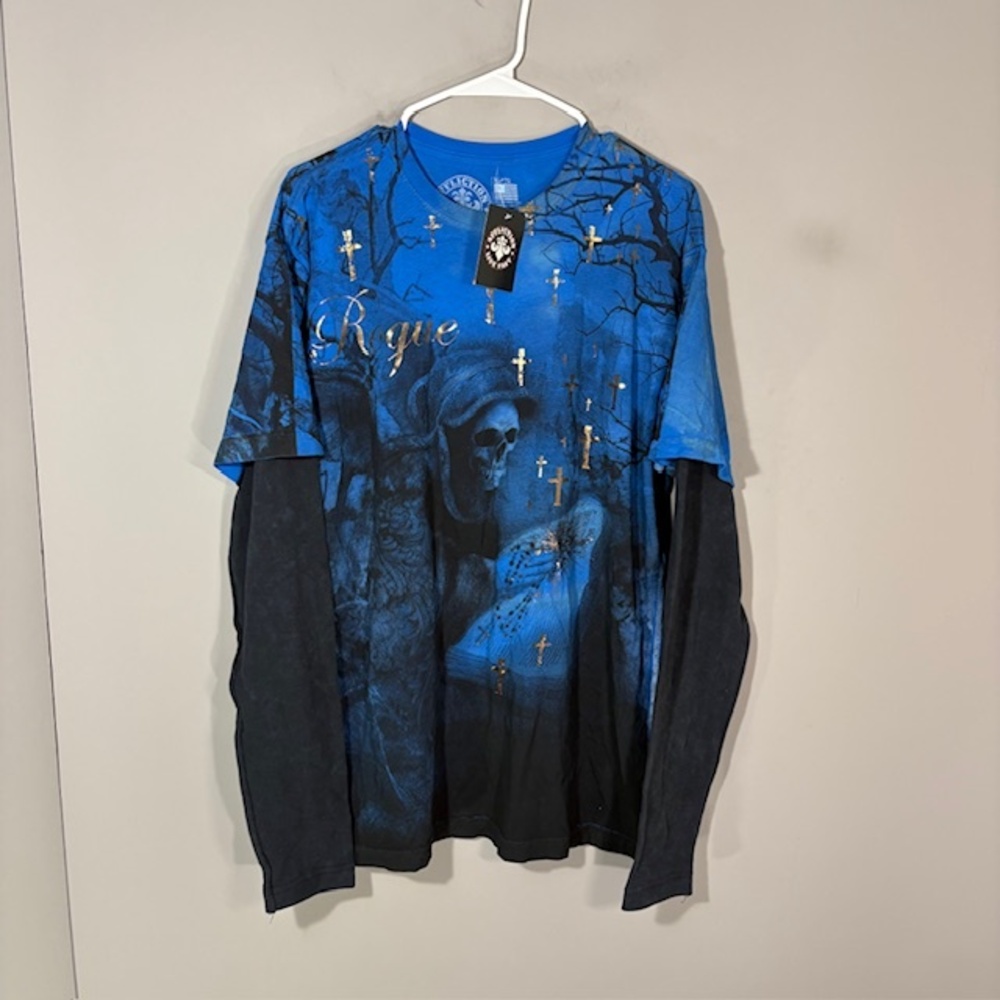 Affliction Rogue Dark Angel Shirt Mens XL Blue Long Sleeve Skull Tee Graphic